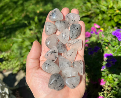 Black Tourmalinated Quartz Tumbled Stones